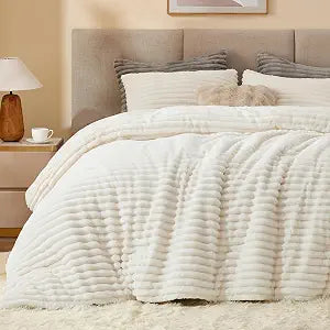 Fleece King Comforter Set, Fluffy Bed Set, Cream White