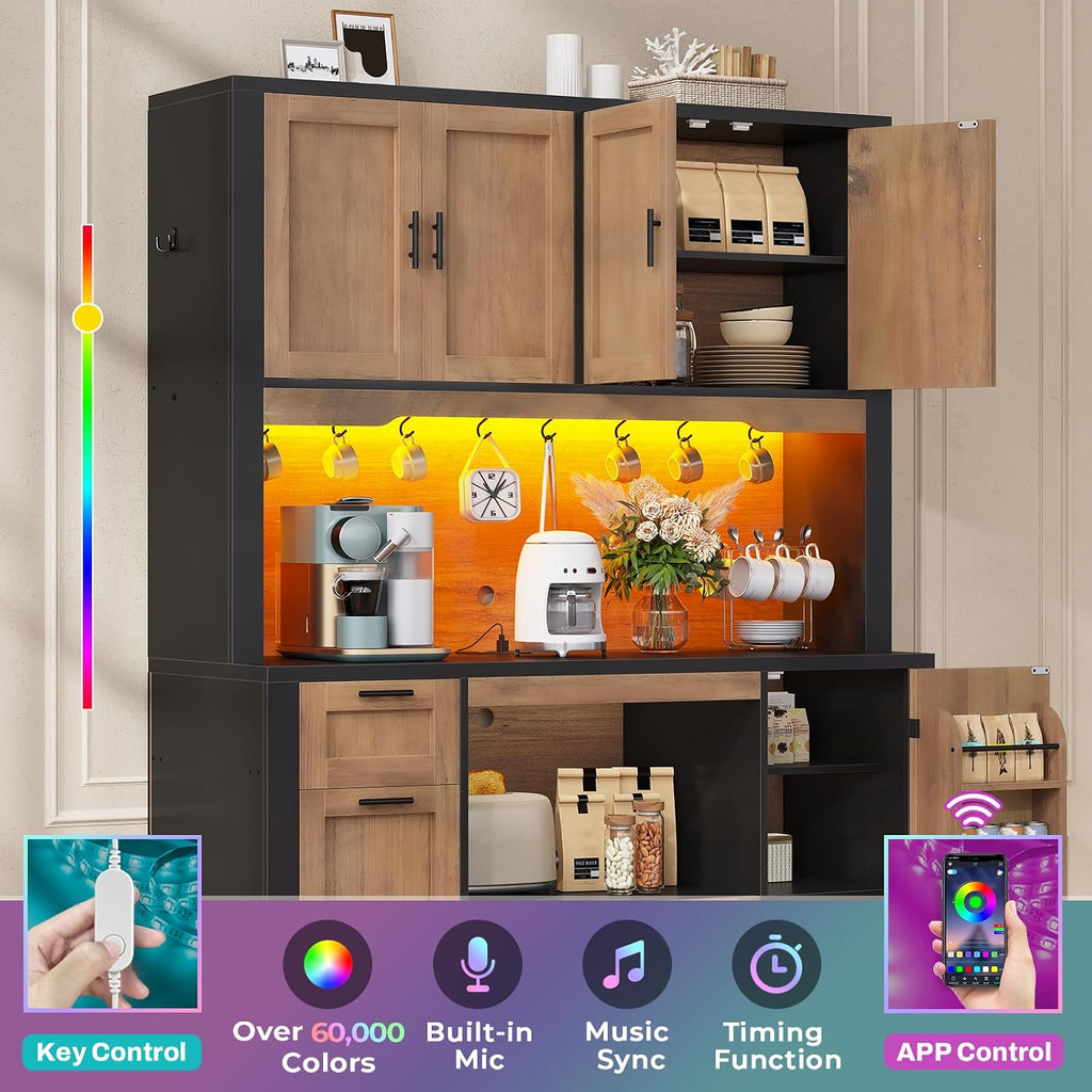 71" Pantry Cabinet with Charging Station and LED Light, Kitchen Pantry Cabinet with Microwave Stand, 47.2" Wide