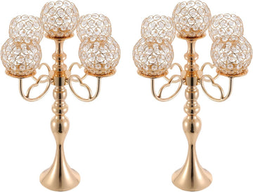 2 Pack Gold Candelabra Centerpiece 5 Arms with Crystal Pendant 21.5 Inch Tall Floor Crystal Chandelier Crystal Beaded