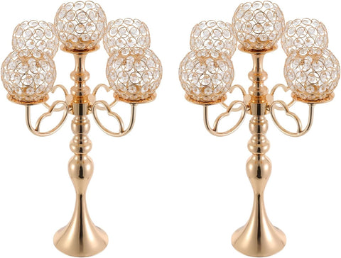 2 Pcs 5 Arms Candelabra Centerpieces with Crystal Pendant, 21.5 inch Tall Crystal Candle Holder Branch Shaped Wax