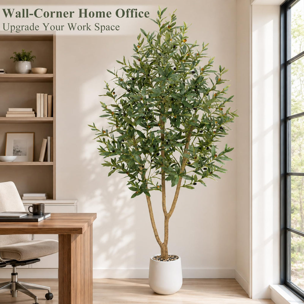7FT Olive Trees Artificial, Large Faux Olive Tree with White Tall Planter, Faux Tree Indoor with Lush Lifelike Fruits