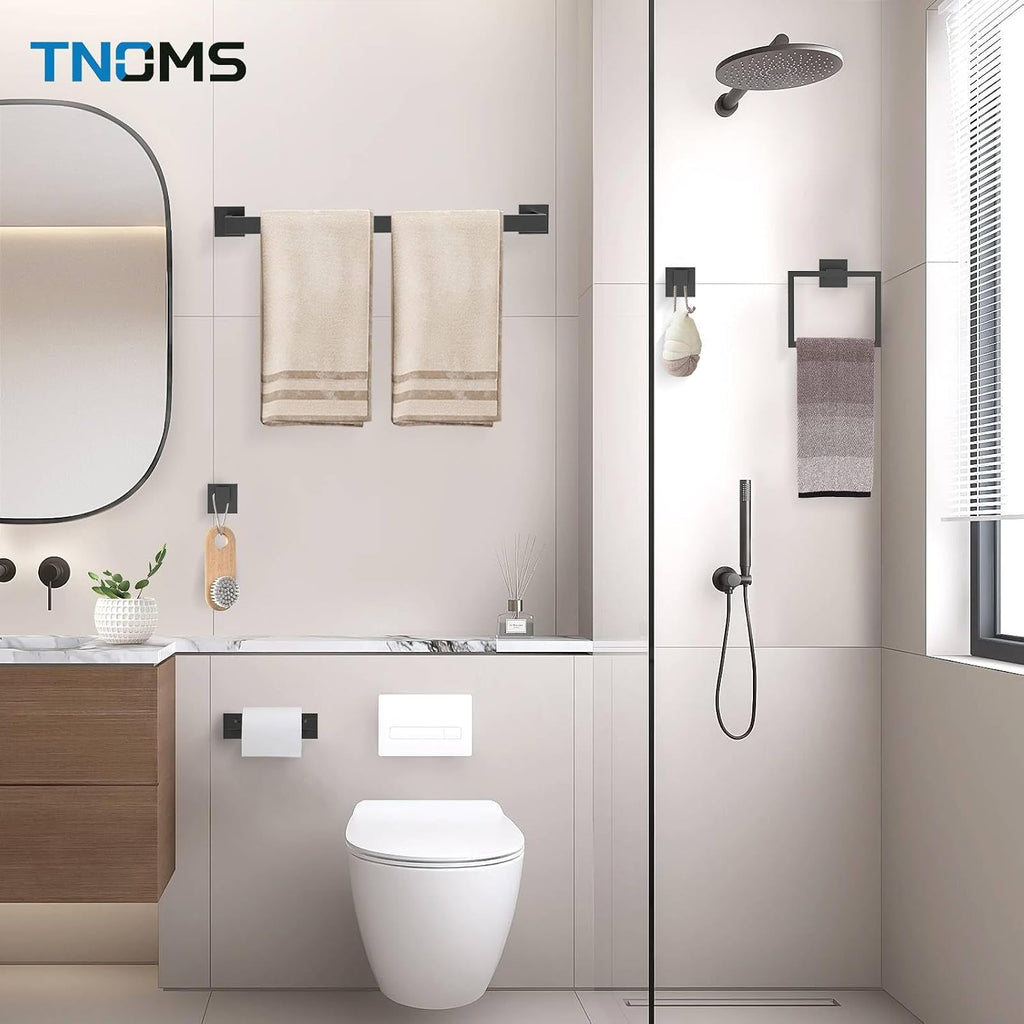Matte Black Towel Bar Set 5-Piece Bathroom Hardware Accessories Set,23.6 Inch Modern Towel Holder Set SUS304