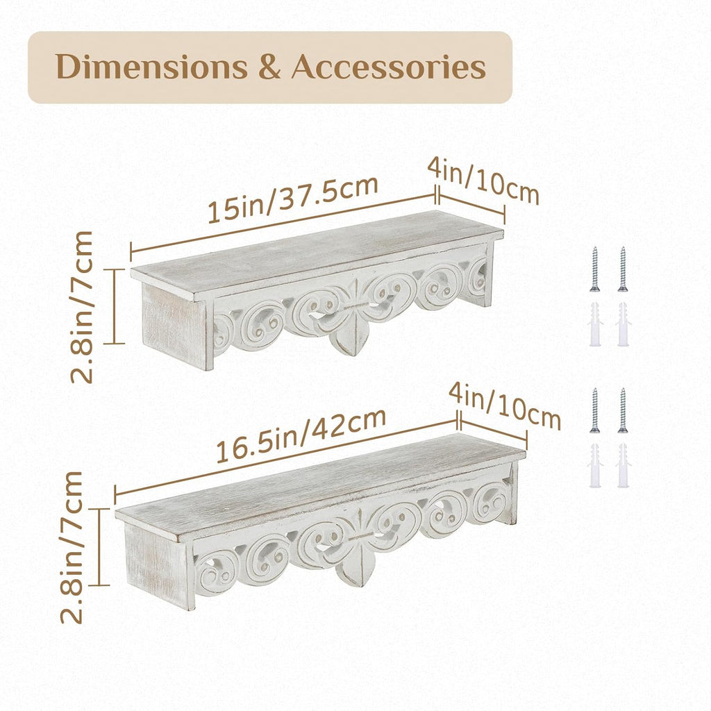 Whitewashed Wood Floating Wall Shelves Set of 2, 16.5in & 15in Long | Shelves with Crown Molding Details, Distressed