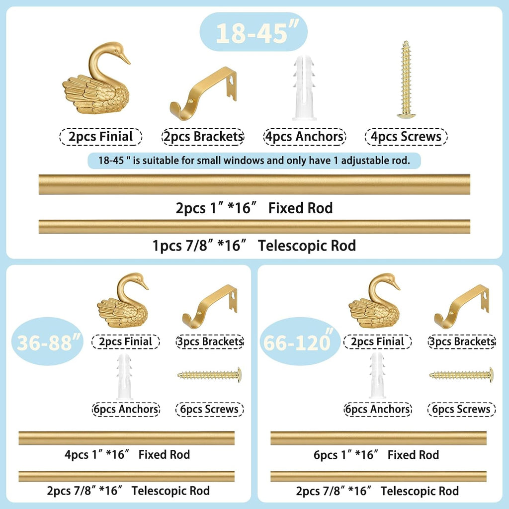 Gold Curtain Rods for Windows,1 Inch Adjustable Curtain Rod,Heavy Duty Window Rods,Decorative