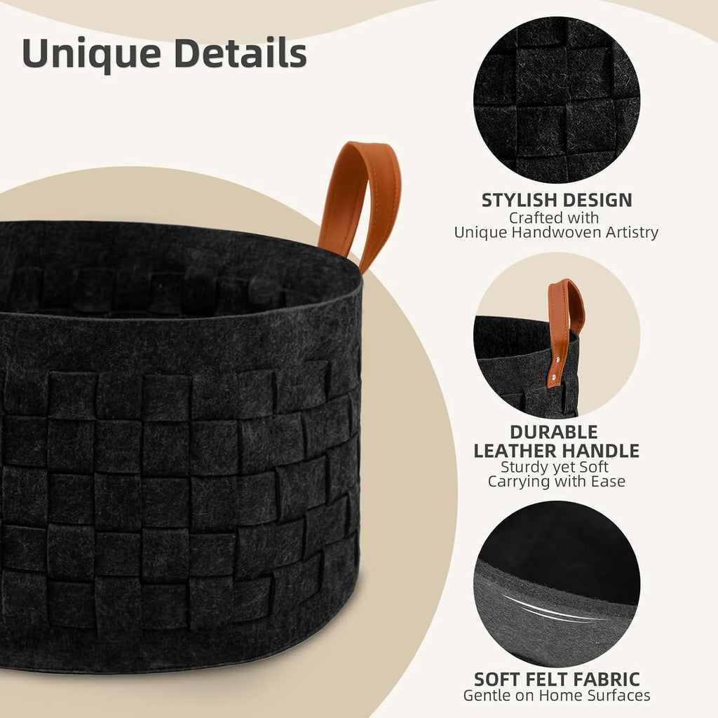Laundry Basket 20 " x20 x11.8 , Large Round Blanket Basket with Leather Handle, Felt Storage Basket , Dog Toys-Dark