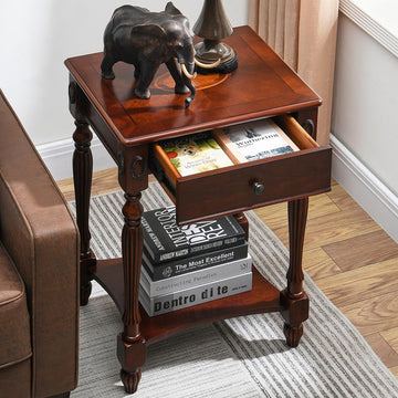 Solid Wood Side Table with Drawer, Victorian Style Vintage Nightstand, Antique Cherry Wood End Tables Living Room