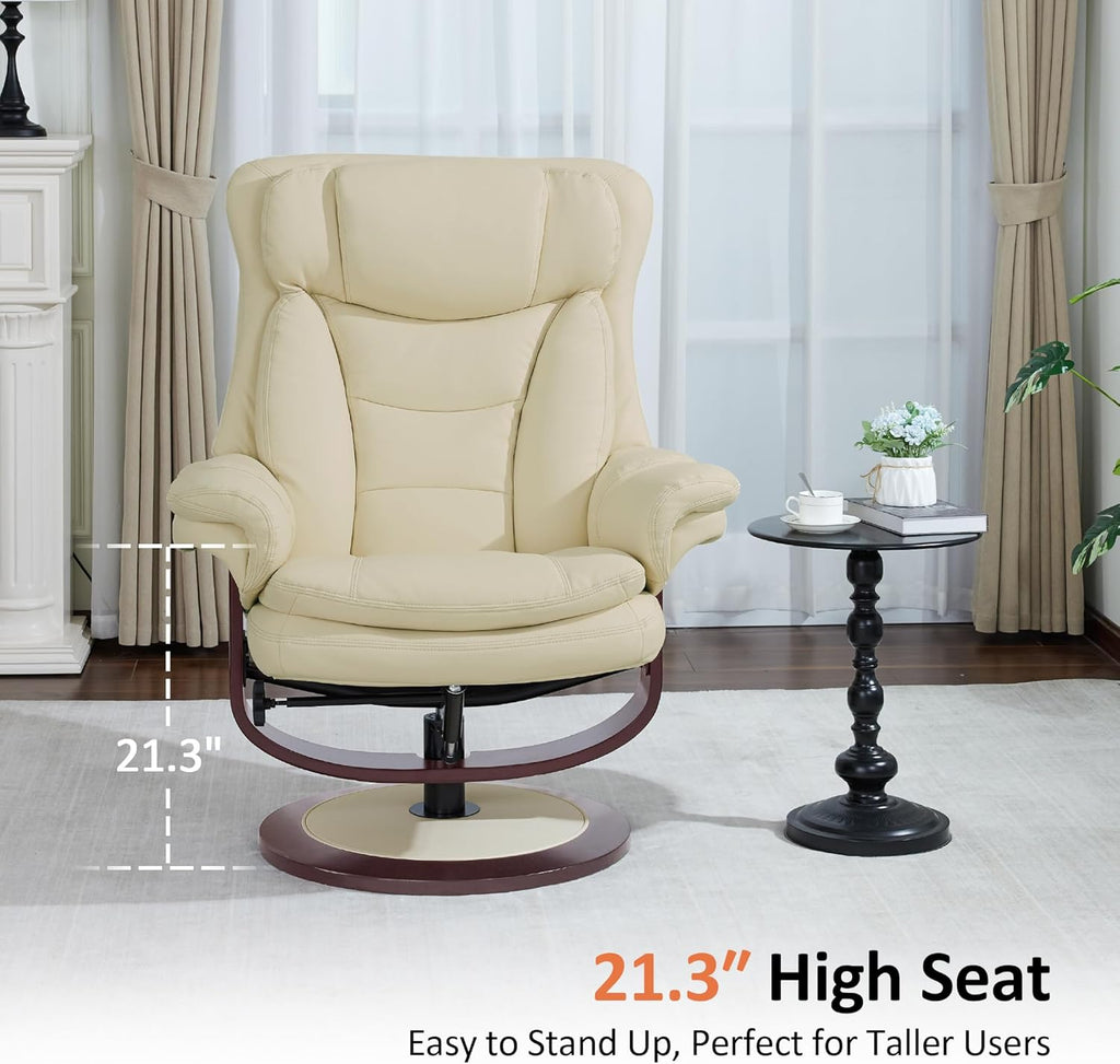 Modern Reclining Swivel Lounge Chair and Ottoman — White Faux Leather