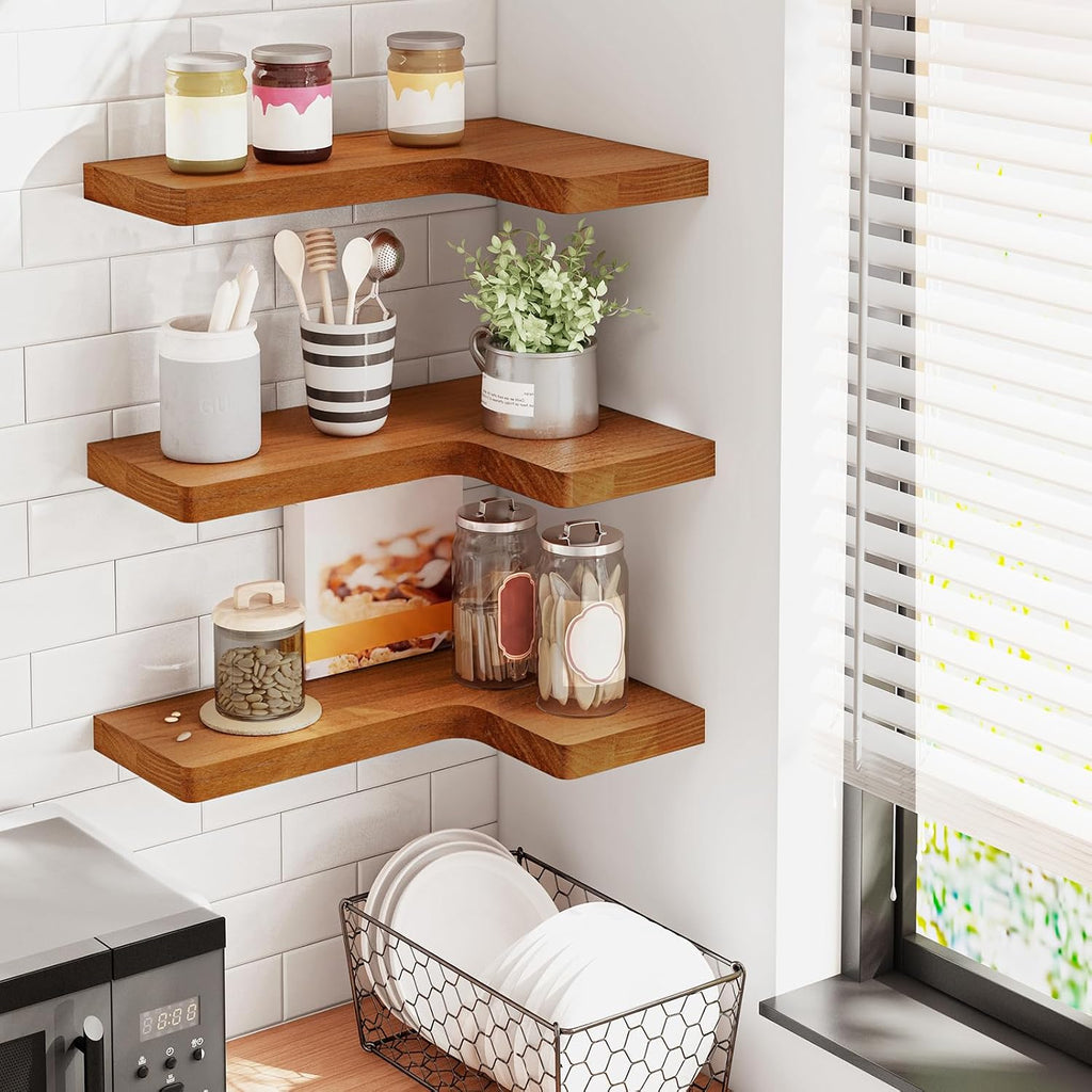 Corner Floating Shelves for Wall Mounted Natural Solid Wood 16"x11.4" Farmhouse Home Decor Display Shelving Set of 3
