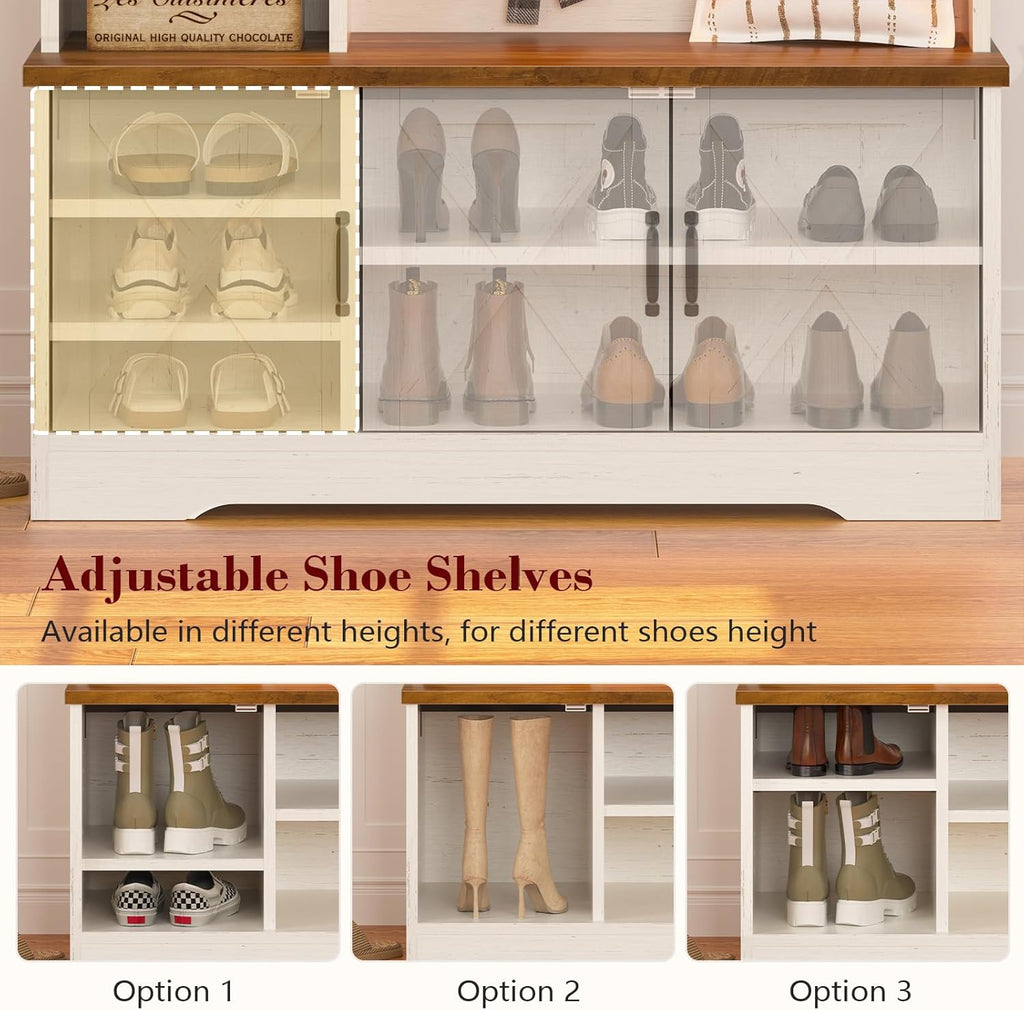 Hall Tree with Bench and Shoe Storage, Farmhouse Entryway Bench with Coat Racks and Led Lights, Tall Hall Tree with 7