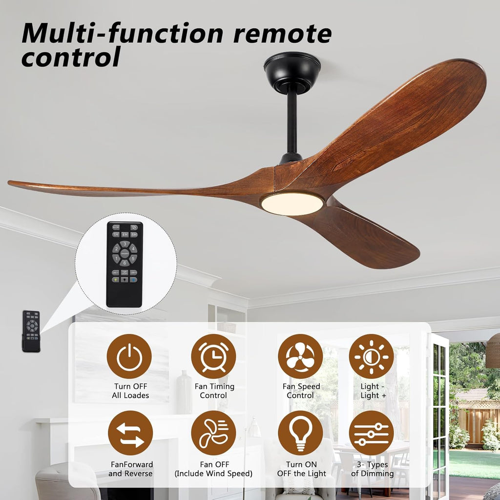 52" Ceiling Fan with Light and Remote, 6-Speed Dimmable Outdoor Ceiling Fan, High CFM Quiet 3 Blade Wood Ceiling Fan