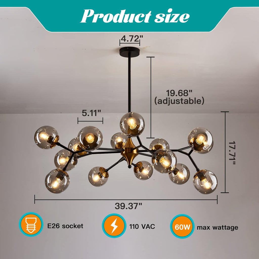 15 Light Sputnik Modern Large Chandelier, Mid Century Black and Gold Metal Ceiling Light Fixture with Glass Globe,Pendant Light Hanging for Dining Room Kitchen Living Room Bedroom Foyer