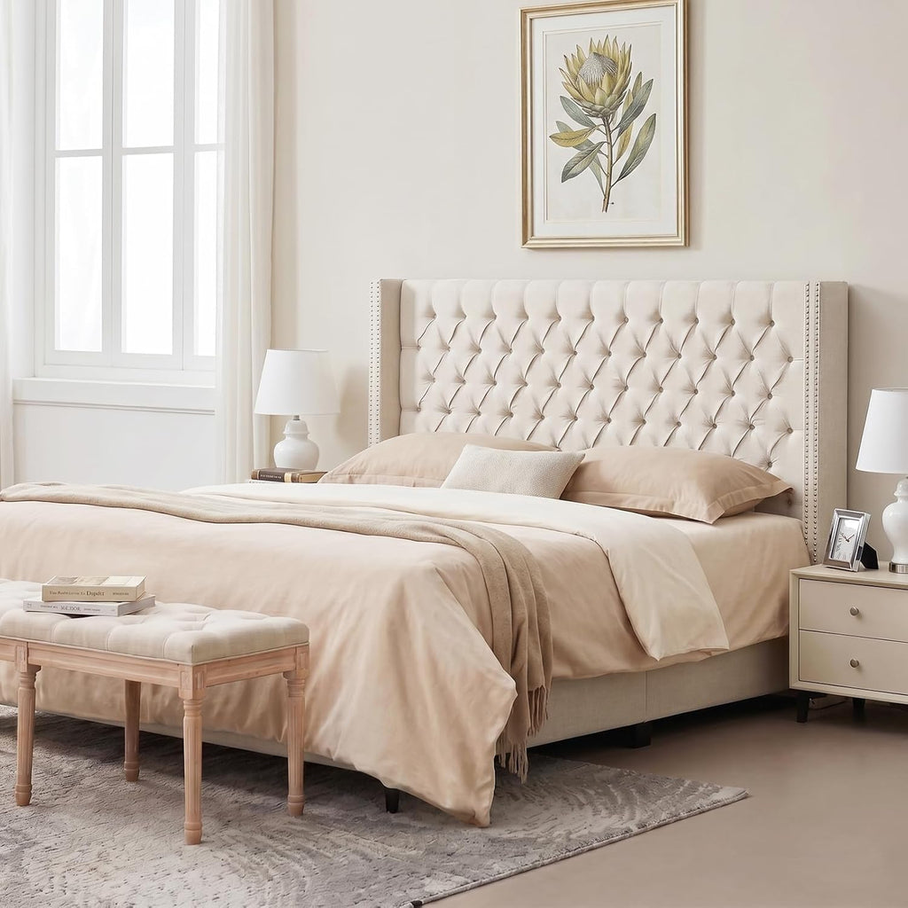Upholstered Headboard | Nail Head Trim Wingback Button Tufted | Queen, Cream