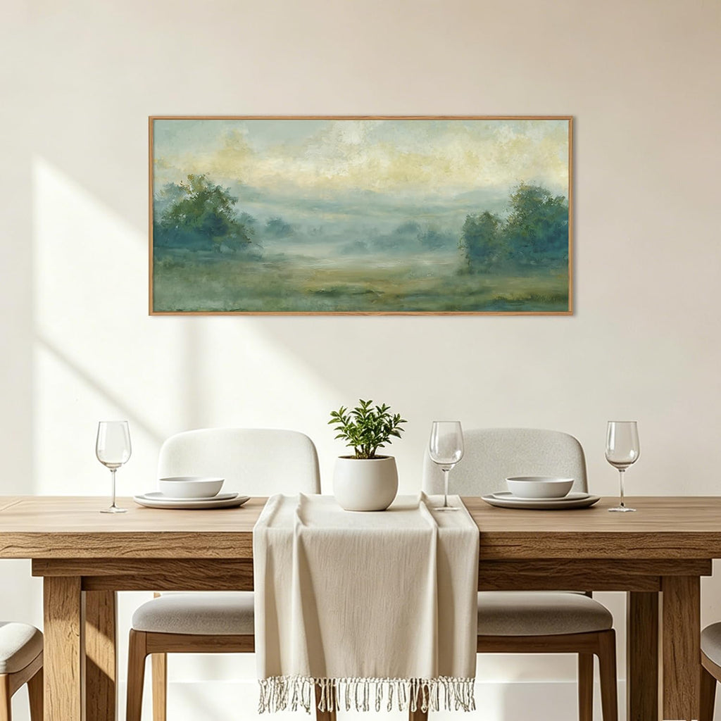 Green Abstract Minimalist Framed Canvas Wall Art,Neutral Landscape Horizontal Wall Decor,Watercolor Forest Mountain