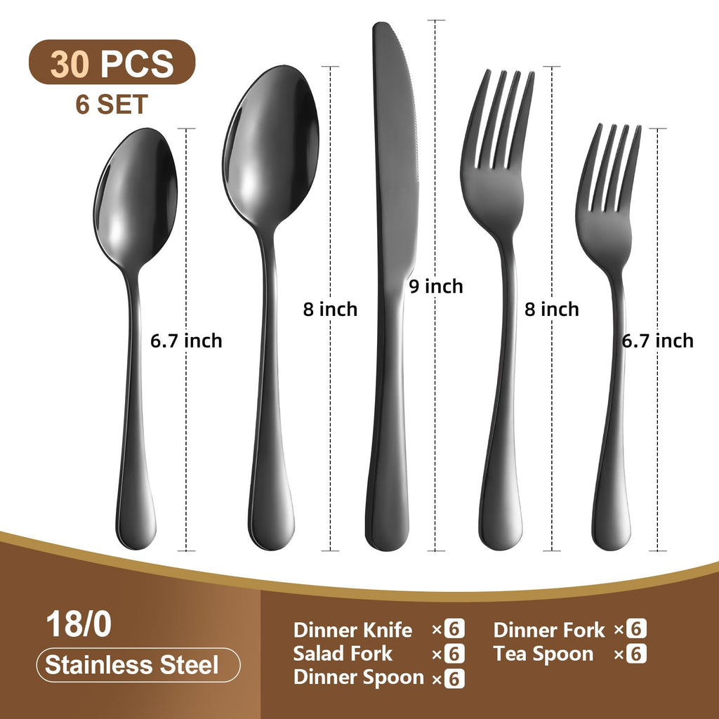 Black Silverware Set, 30 Piece Flatware Cutlery Set for 6, 18/0 Stainless Steel Silverware, Mirror Polished Cutlery