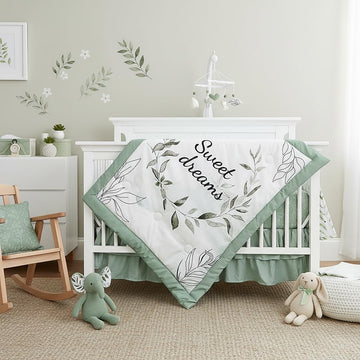 Green Leaf Crib Bedding Set, 4-Piece Baby Boy Bedding Set, Neutral Nursery Bedding Set, Fitted Crib Sheet, Crib