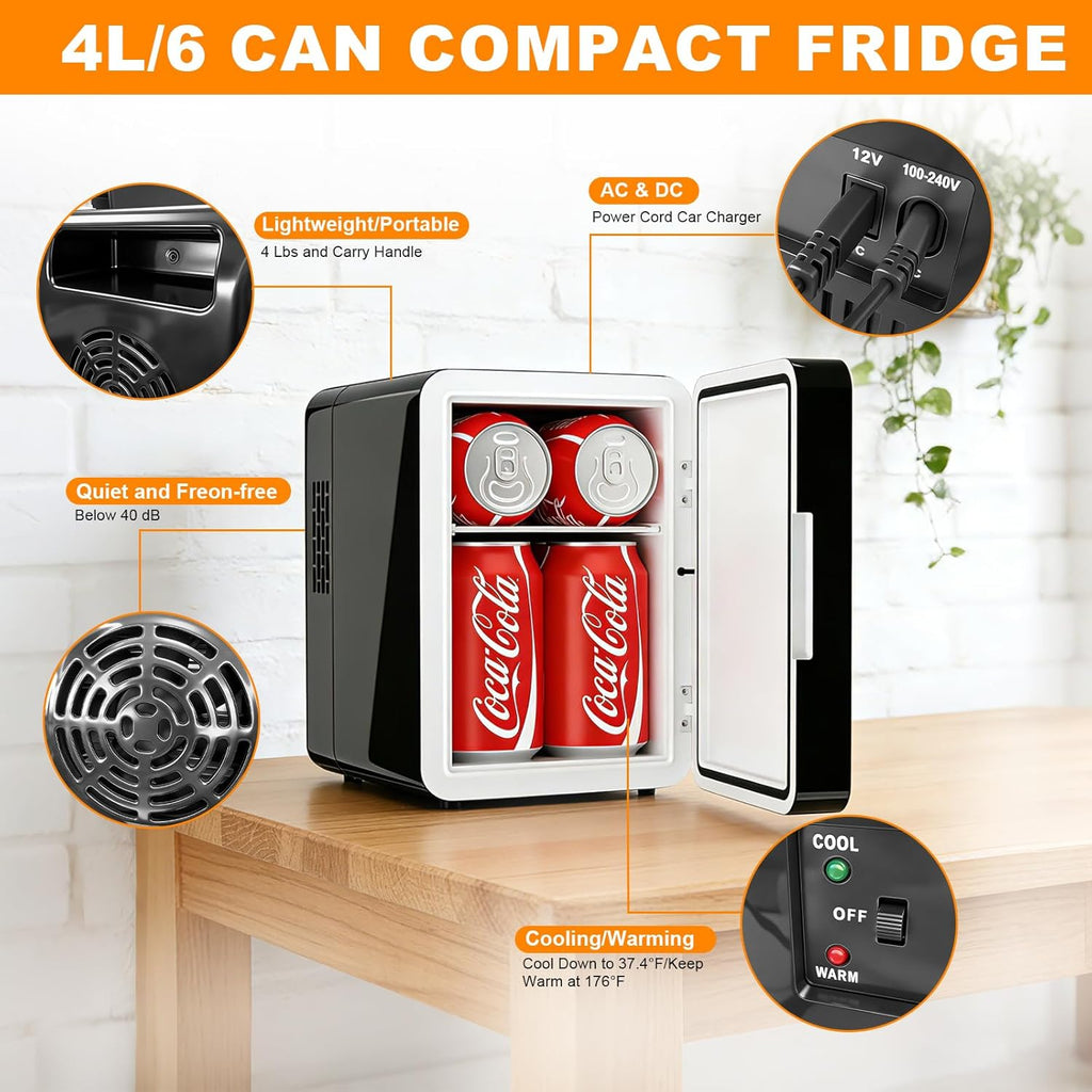 Mini Fridge, Mini Compact Refrigerator with Gaming Light, 4 Liter/6 Cans Small Refrigerator with Mirror Door, AC/DC