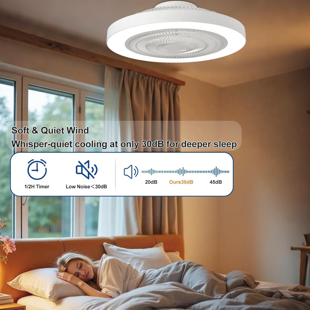 Modern Ceiling Fan with Light: 19" Bladeless Flush Mount Low Profile LED Ceiling Fans with Remote & Smart APP Control