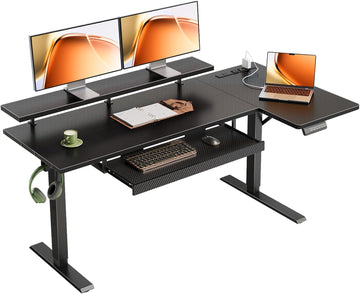 55" Reversible L Shaped Electric Standing Desk, Carbon Fiber Black | Monitor Stand, Keyboard Tray, Power Outlets, 3