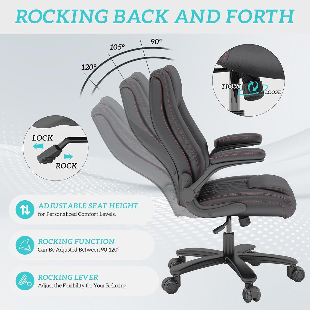 High Back Executive Office Desk Chair, Leather Computer Chair, Black | 2.6"Rubber Wheels, Flip-up Arms, Heavy Duty