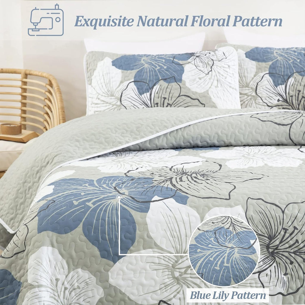 3 Pieces Quilt Set Floral Pattern Coverlet Elegant Boho Bedspread with 2 Pillow Shams Lightweight Microfiber