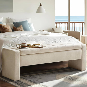 55" Modern Upholstered Storage Bench with Tufted Seat, Fabric Ottoman Bench , or Living Room, Soft Close Hinge,Linen