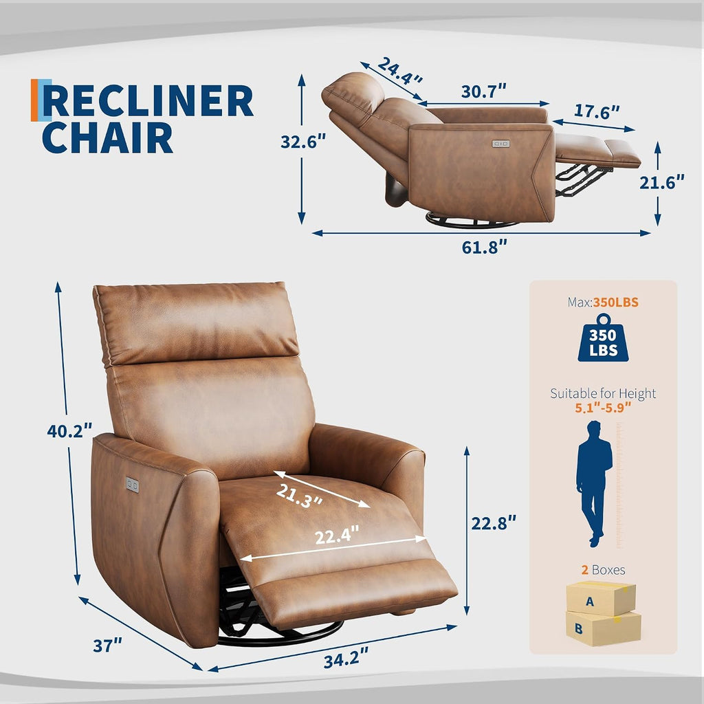 Power Recliner Chair, PU Leather Swivel Rocker Recliner with USB Ports, Upholstered Nursery Glider Reclining Sofa