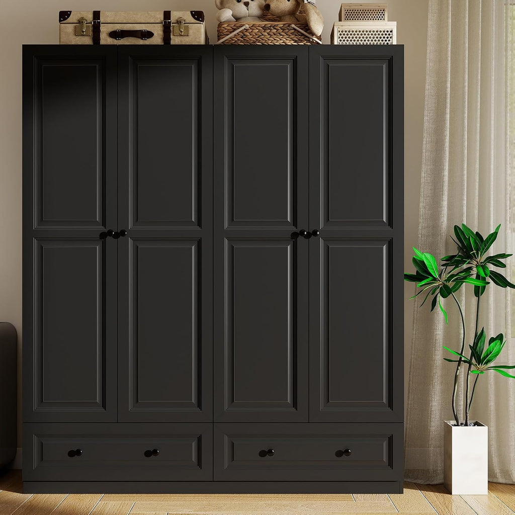 Armoire Wardrobe Closet with Drawers: 74" Black Tall Wardrobe Cabinet with Hanging Rod, Wooden Closet with 4 Doors