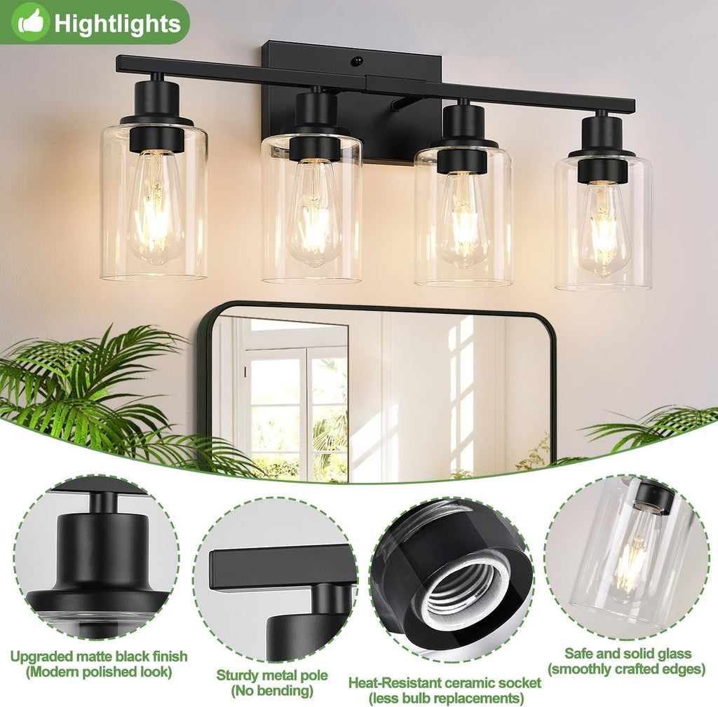 4-Light Bathroom Light Fixtures, Matte Black Modern Vanity Lights with Clear Glass Shades, Bathroom Wall Lamp for