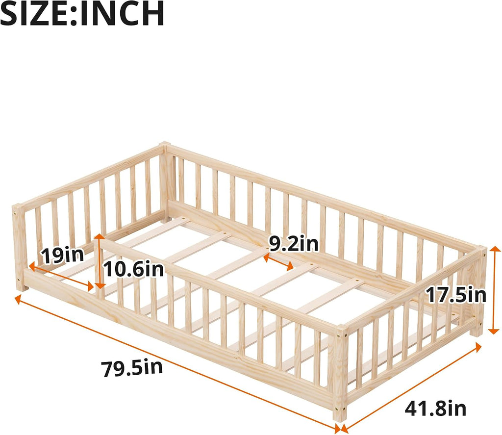 Twin Floor Bed for Kids Solid Wood Montessori Bed Frame with Safety Guardrails Multifunctional Montessori Floor Bed