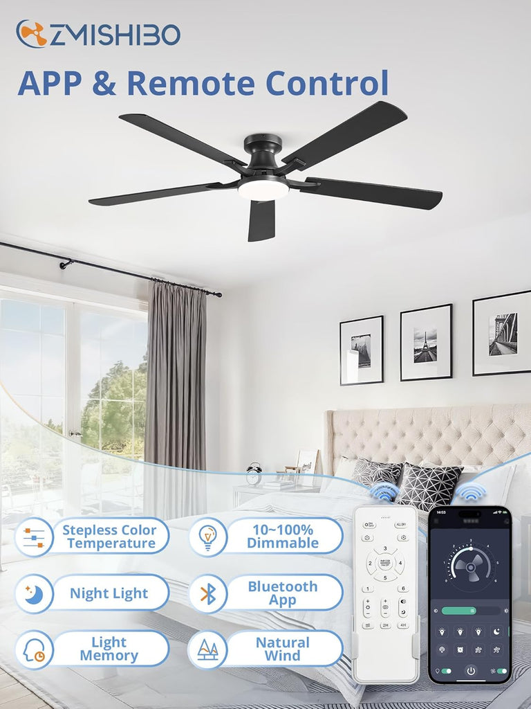 60 Inch Ceiling Fan with Light, App&Remote Control, Flush Mount Low Profile, Dimmable 20W LED Light, Quiet Reversible Motor for Bedroom, Living Room, Apartment, Black
