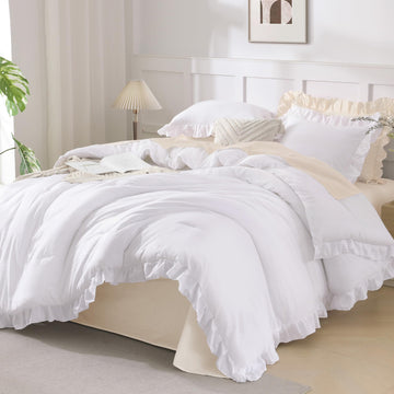 Comforter Set White, 3 Pieces Ruffle Farmhouse Bed Set