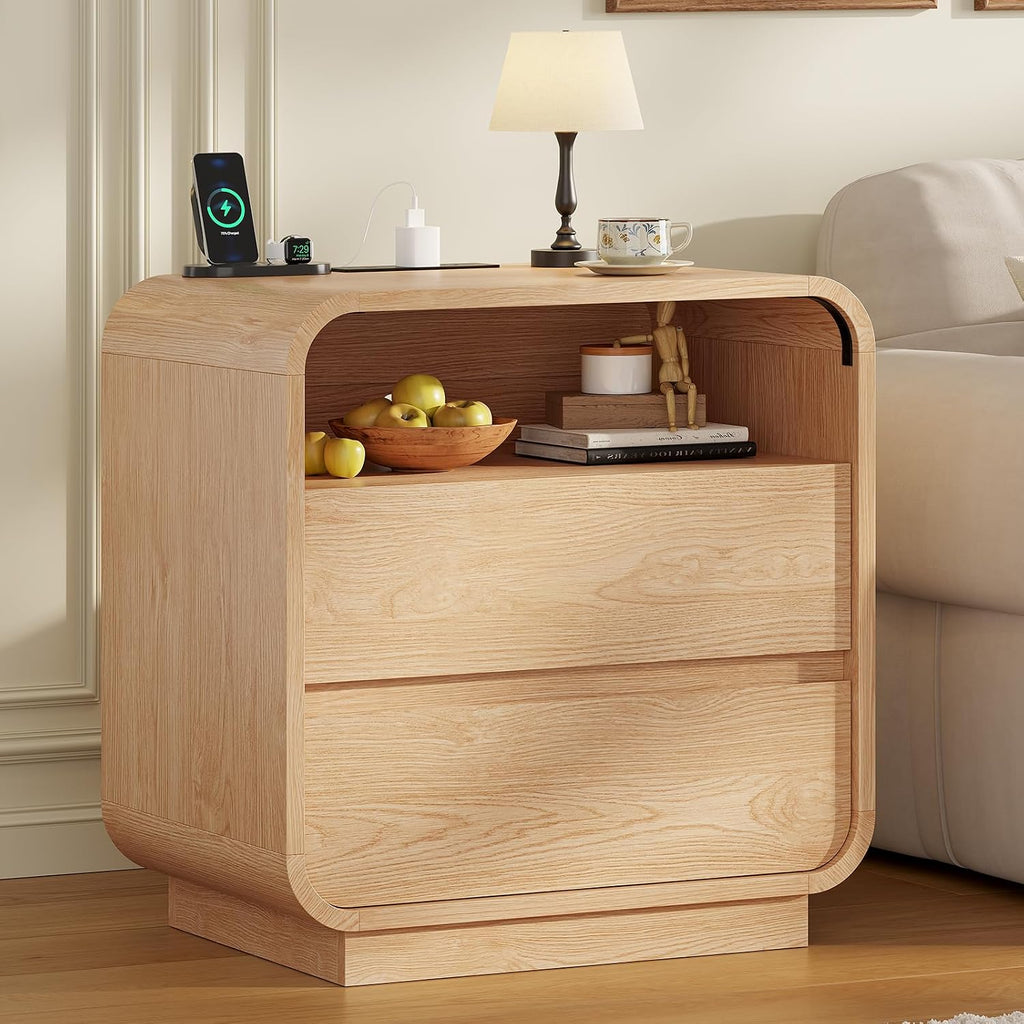 25" Tall Modern Nightstand with Charging Station, 23.6" Wide Wood Bedside Table w/2 Storage Drawers, Curved Profile