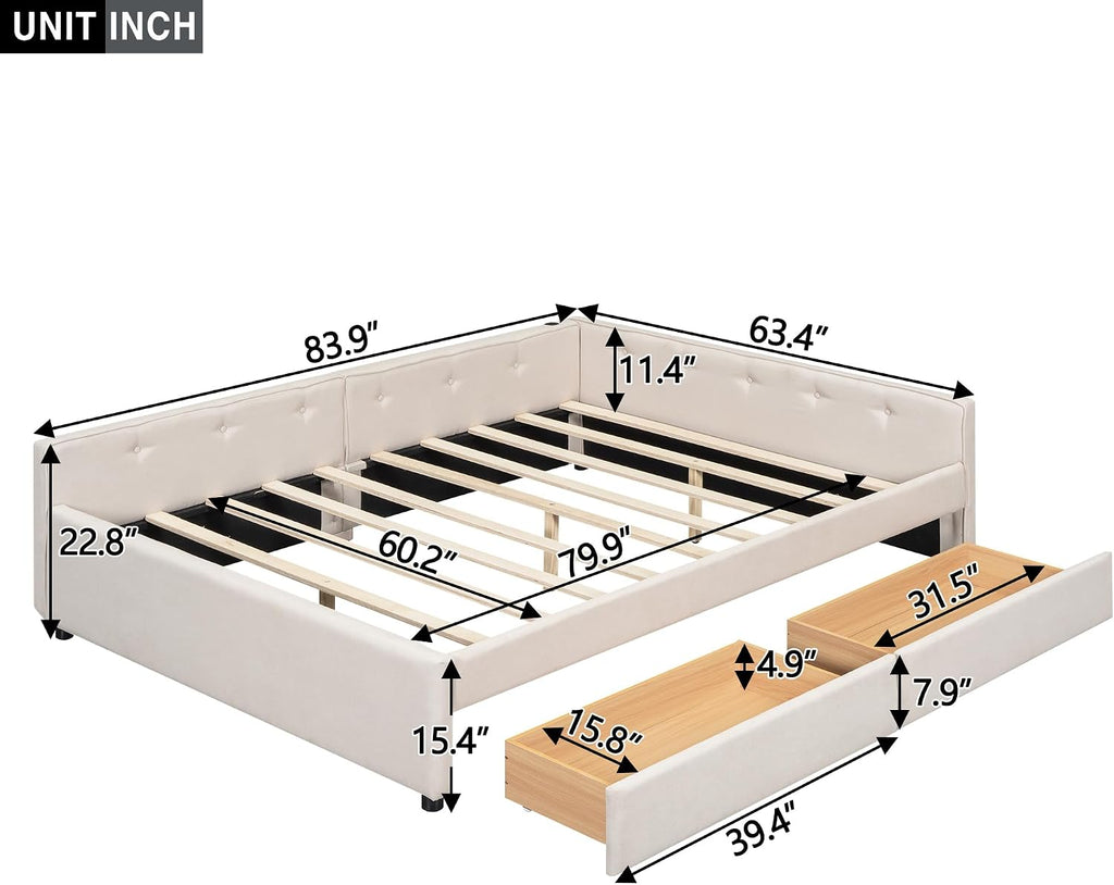 Queen Corner bedframe with 2 Drawers and USB,Upholstered daybed with Storage, L-Shape daybed Living Room, Beige + Linen