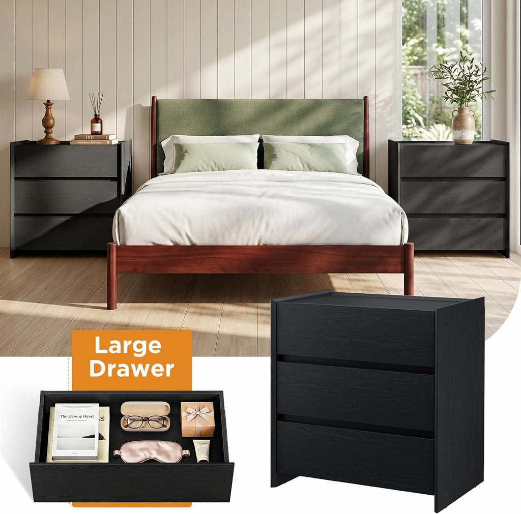 Black Night Stand with 3 Drawer, Modern Wood Nightstand with Spacious Storage, Smooth Glide Drawers Sturdy Bedside