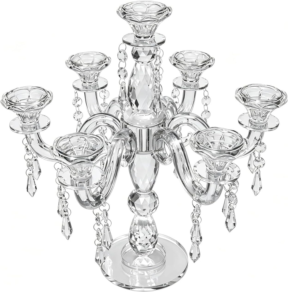 14inch Clear Crystal Candle Holder, Elegant 7-Arms Candlestick Holders Crystal Candelabra Decorative Pillar Candle