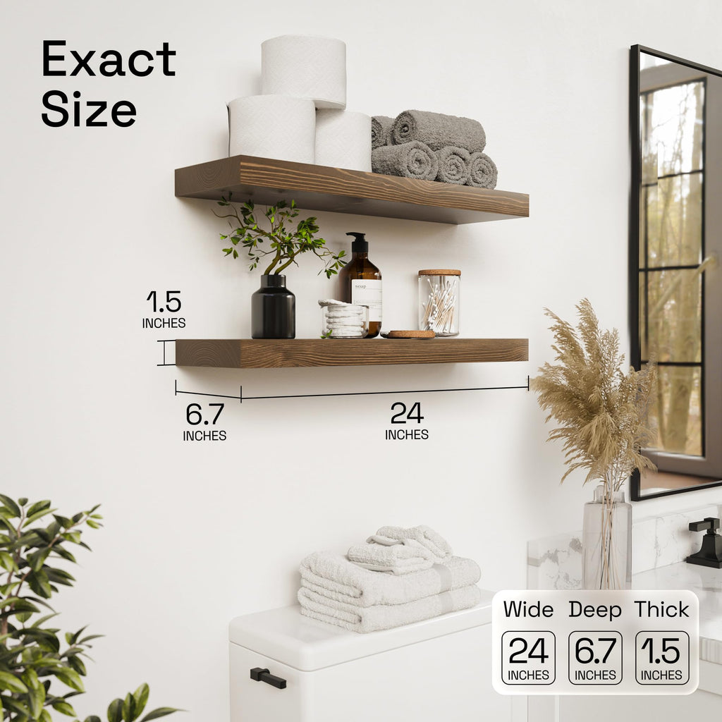 Solid Wood Floating Shelves for Wall 24 Inch Walnut, Wooden Bathroom Shelf