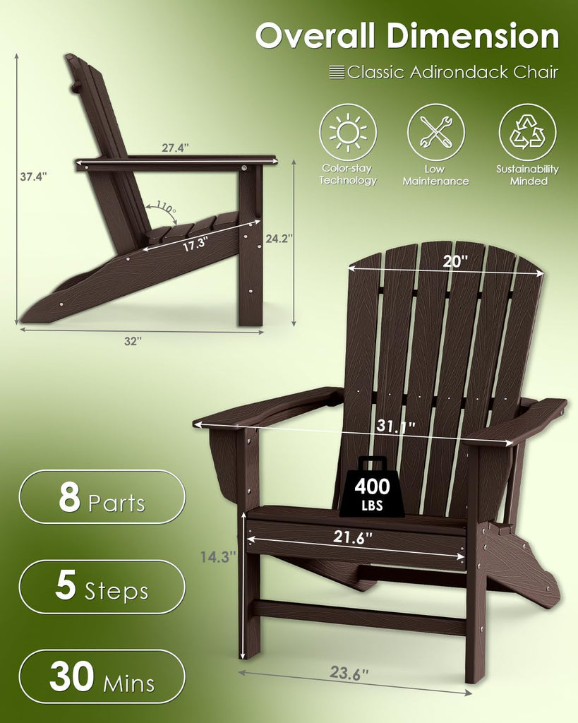 Oversized Adirondack Chairs Set of 4, HDPE, Dark Brown | Wood Grain | 21.6" Extra-Wide Seat | 400 lb Capacity |
