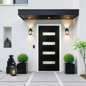 Fiberglass Entry Door Right Hand Inswing, 36 x 80, 4 Lite Frosted Glass 4-9/16 in. Vinyl Frame, Contemporary Style for