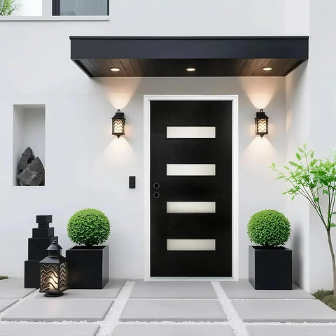 Fiberglass Entry Door Right Hand Inswing, 36 x 80, 4 Lite Frosted Glass 4-9/16 in. Vinyl Frame, Contemporary Style for