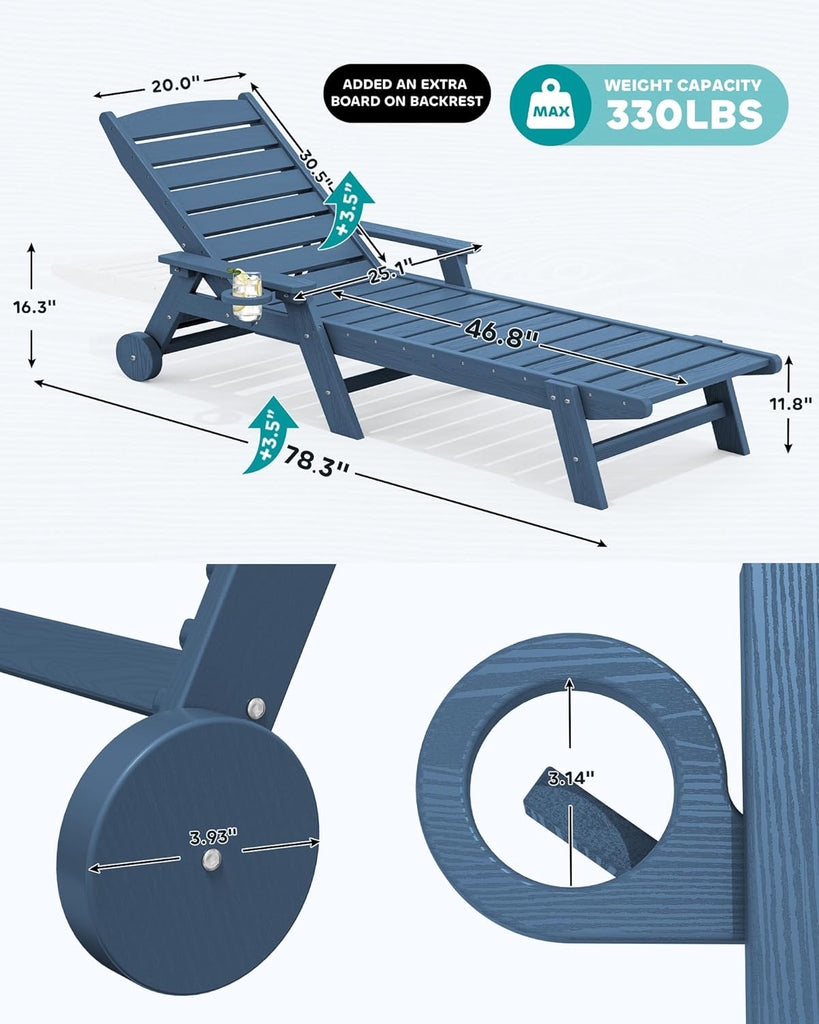 HDPE Outdoor Lounge Chair Set of 2 with Cup Holder, Blue | with 5 Position Adjustable Backrest & Rolling Wheels