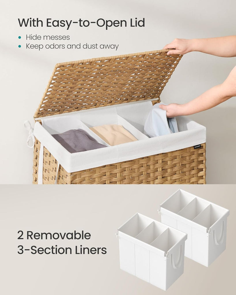 Laundry Hamper with Lid, 160 L Wicker Laundry Basket | 6 Mesh Bags, 2 Removable Liner Bags, 26 x 15.7 x 24 Inches