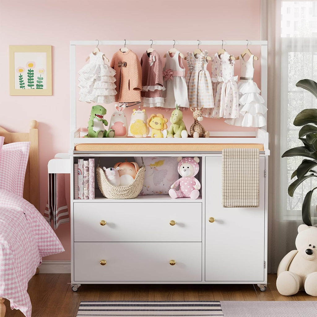 Baby Changing Table, Infant Diaper Changing Station with Wheels & Wide Table Top & Clothes Rail, Baby Changing Table