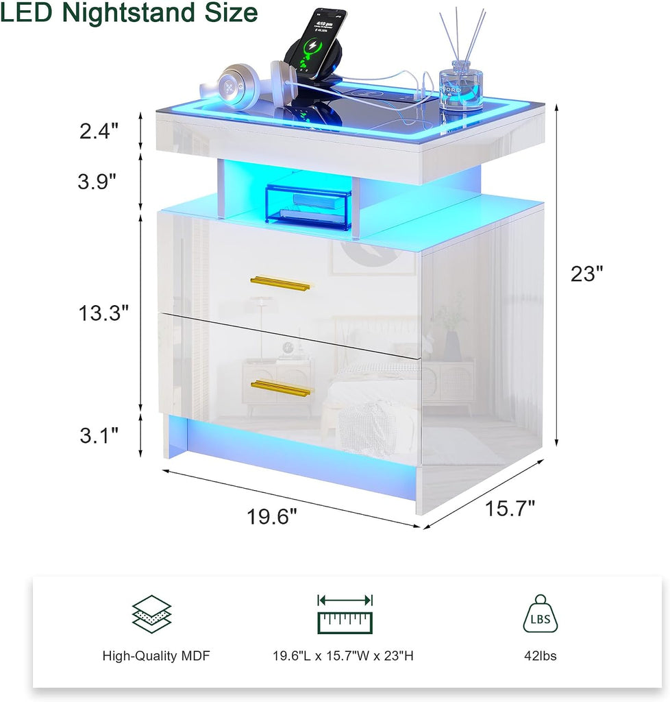 LED Nightstand with Charging Station (USB,Type-C Ports) High Gloss Bedside Table with 2 Drawers, Smart Night Stand