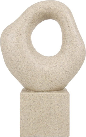 Minimalist Tabletop Decor Shelf Bookshelf Office, 13'' Tall Asymmetrical Organic Form Statue with Cube Base, Sand