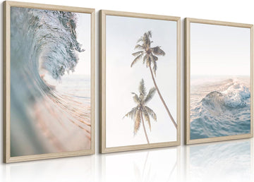 Beach Wall Art Decor Coastal Ocean Poster Palm Tree Canvas Wall Decor Beachy Room Aesthetic Pictures Blue Waves