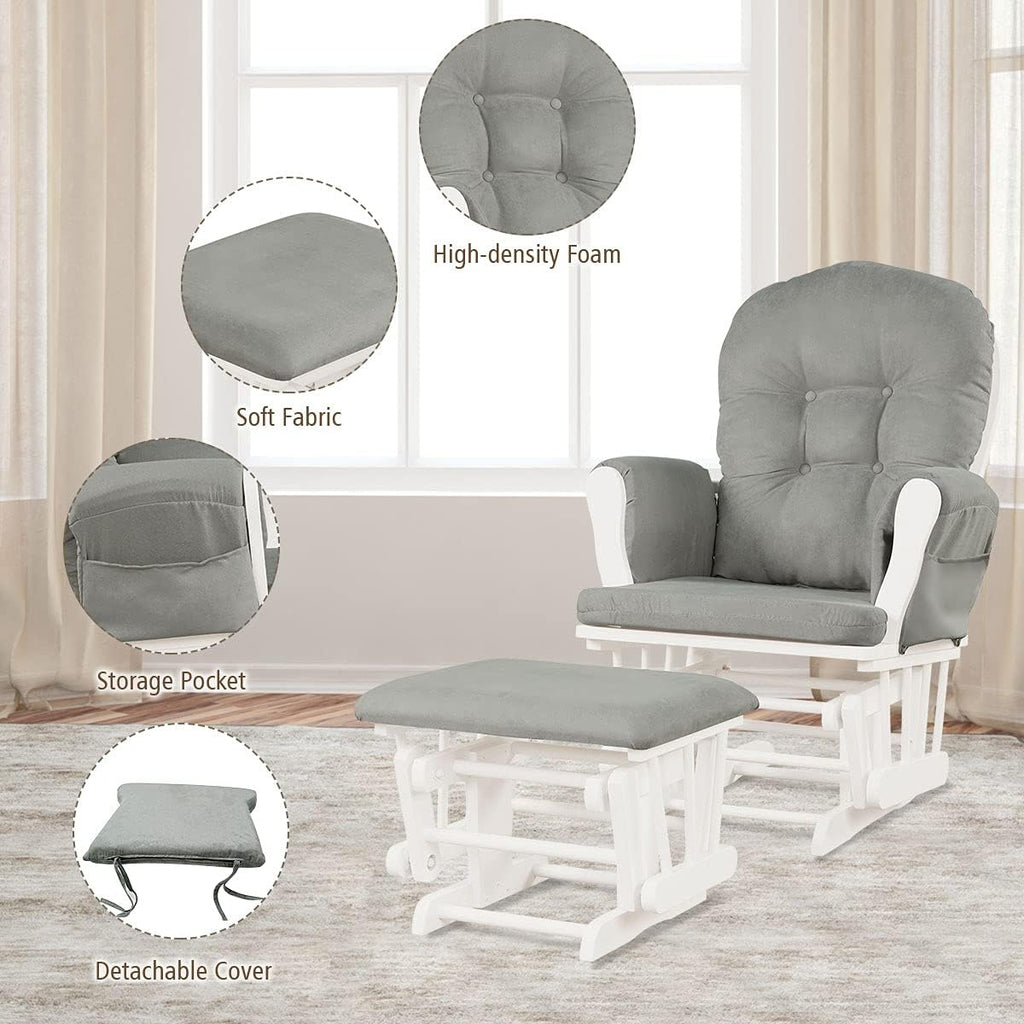 Nursery Glider with Ottoman, Upholstered Comfort Glider Rocker with Padded Cushion, Storage Pocket, Solid Wood Base