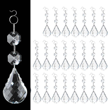 24 Pcs 38mm Clear Crystal Teardrop Pendants with Hook, Chandelier Prisms Replacement Parts