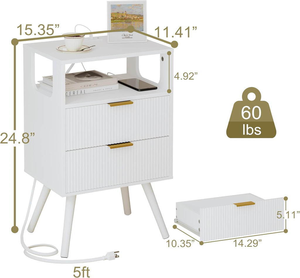 White Nightstand with Charging Station and LED Lights,Modern Bedside Table with 2 Storage Drawer and Open Wood Shelf