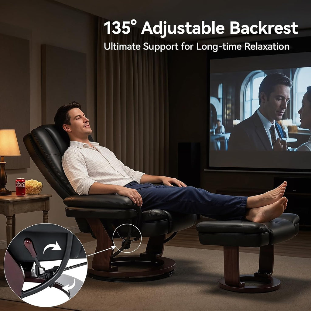 Modern Reclining Swivel Lounge Chair and Ottoman — Black PU Leather