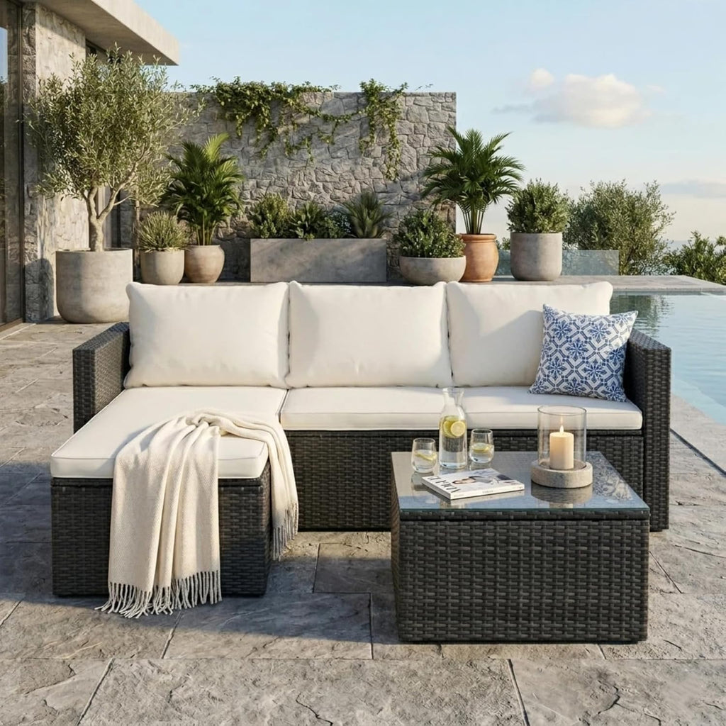 4-Piece PE Wicker Patio Set with 43" Propane Fire Pit Table, Beige